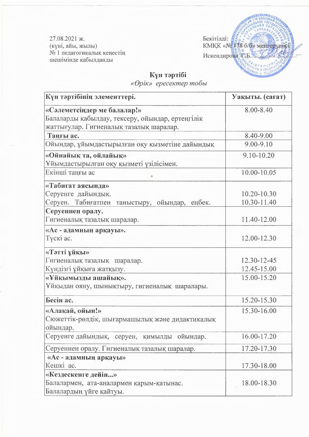 2021-2022 жылдың “Өрік” ересек тобының күн тәртібі