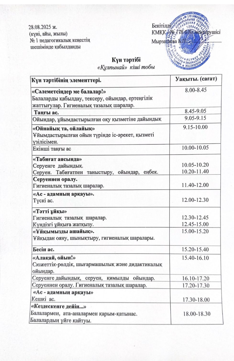 2025-2026 оқу жылы "Құлпынай" кіші тобының күн тәртібі