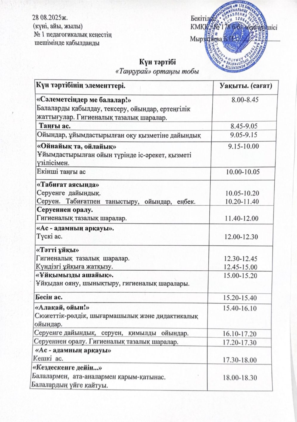 2025-2026 оқу жылы "Таңқурай" ортаңғы тобының күн тәртібі